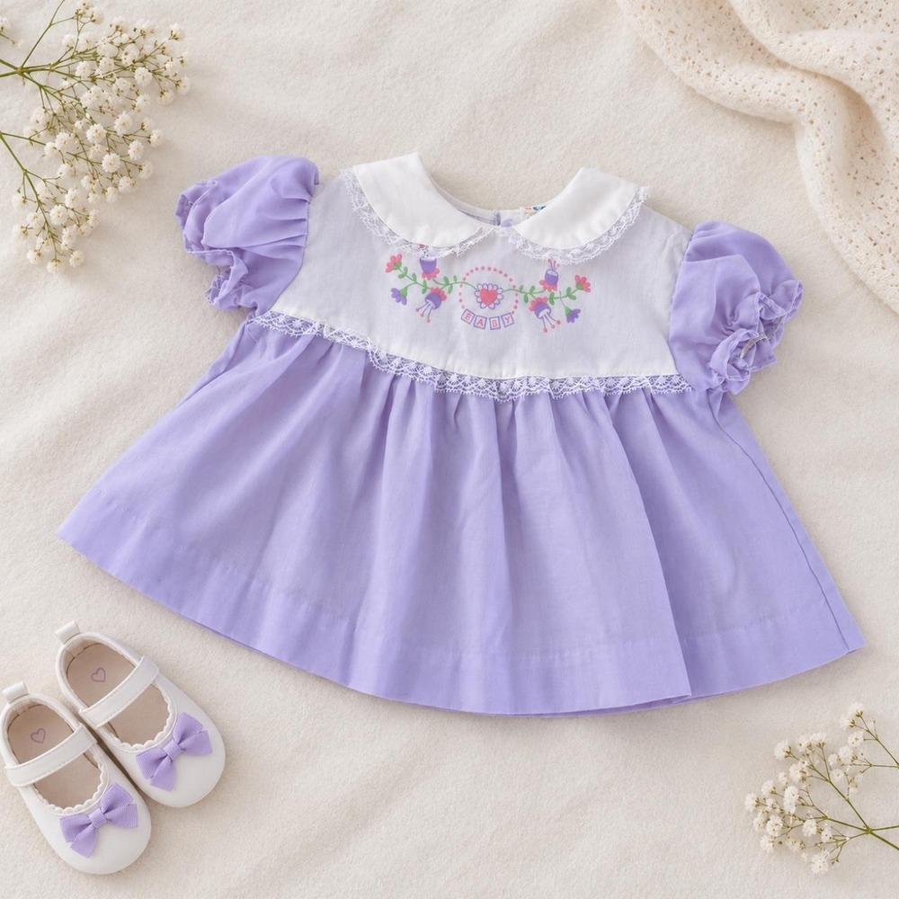 Lavender Embroidered Baby Dress  60s Vintage lavender baby dress